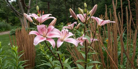 Obraz premium Pink lily flowers in a garden amidst green foliage with brown stems, nature photography, natural landscape