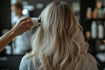 Fototapeta premium Smiling woman showing her new hair in a hair salon generative ai