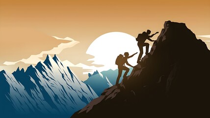 Sunset Mountain Climb Silhouette with Hikers on Steep Rocky Terrain