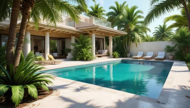 Piscine et palme dans une aquarelle de maison tropicale, soleil, palme, fleurs