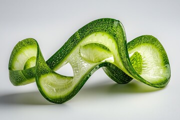 Twisted cucumber showcasing irregular curves on a seamless white background