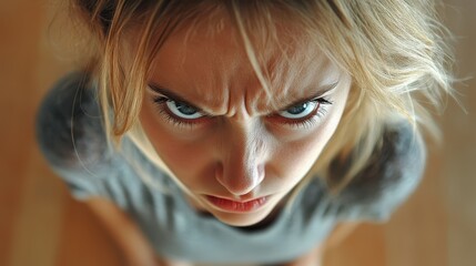 Woman leaning forward, staring aggressively with bold and defiant gaze