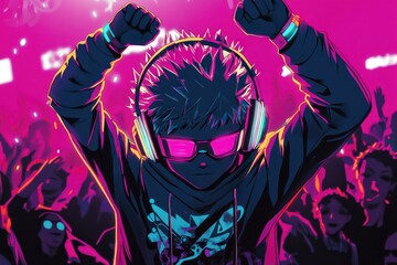 Animated character dances at concert with pink neon lights