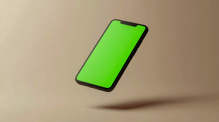 A floating smartphone with a green screen on a light background, levitating in the air, in a flat lay composition