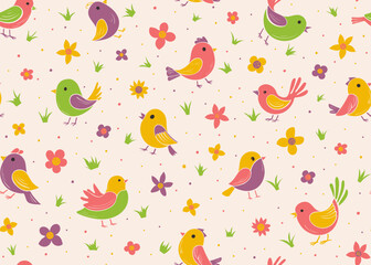 seamless pattern with colorful birds and flowers. Playful cartoon background for kids clothes, nursery, linen, kitchen textile, wrapping Cheerful bright folk-art backdrop.