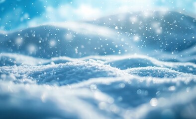 Winter snow background with snowdrifts, beautiful light and falling flakes of snow on blue sky, drifting mockup floor ground for product presentation horizontal scene