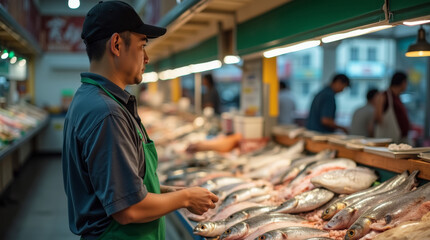 Asian seller behind counter with fresh fish at seafood market