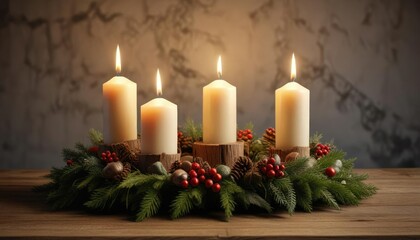 Rustic Advent Wreath with three pillar candles, rustic decor, earthy tone