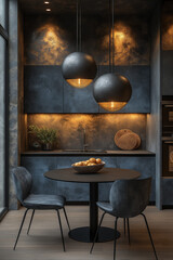 Photographie immobilière d'une cuisine moderne monochrome avec éclairage LED et coin repas élégant, HDR, 3D, design, tendance, architecte