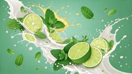 Sliced lime with mint leaves splashing in milk on green background