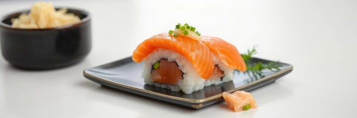 Salmon sushi nigiri served with pickled ginger and wasabi, spicy kick, food pairing
