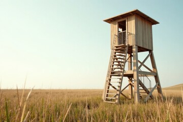 Elevated Wooden Observation Post in a Serene Grassland Setting