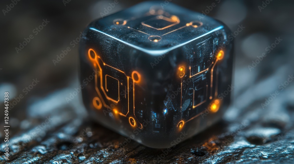 Aufkleber glowing circuit cube on dark wood; tech concept