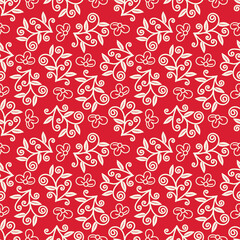 Seamless pattern background, digital paper with enchanting whimsical flowers, hand drawn vector branches for fabric, stationery, wallpaper, gift wrapping, scrapbook paper