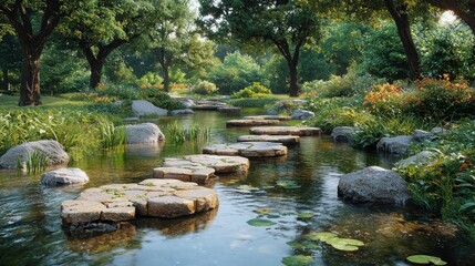 Tranquil stone path through a lush garden