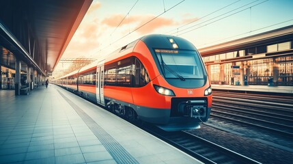 Naklejka premium Electric passenger train drives at high speed among urban landscape. train in motion blur