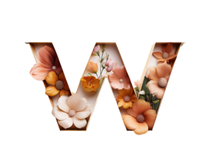 W lettering with flowers, isolated on white background, cut out