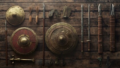 Ancient weapons and shields are neatly arranged on a wooden surface