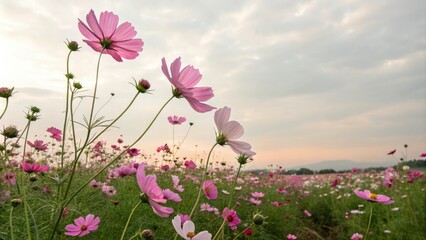 Obraz premium Serene field of cosmos flowers swaying gently in the breeze, nature's beauty, floral fields