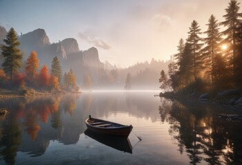 Serene lake scene at dawn with a misty atmosphere and a small boat, dawn, mist