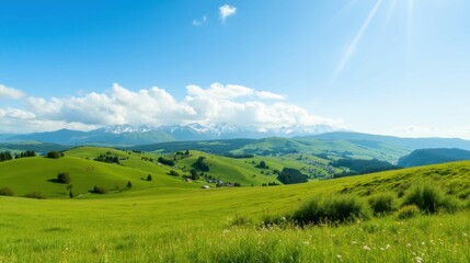 Obraz premium Lush Green Hills with Snow-Capped Mountains Under Clear Blue Sky