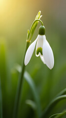 White snowdrop blooming in a sunny spring garden.