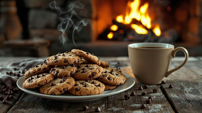 Une pause gourmande : cookies moelleux et caf&eacute; fumant dans un d&eacute;cor chaleureux.