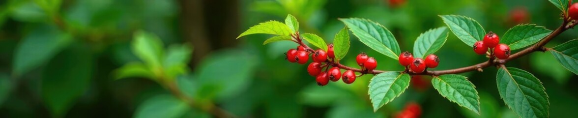 Fototapeta premium Shrub with bright red poisonous sumac berries, wild flora, leafy greens, forest floor