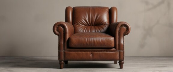 Shot of worn in leather armchair against a neutral background, distressed leather, cozy atmosphere