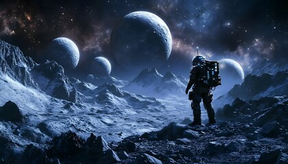 Astronaut stands on a desolate moon with distant planets visible