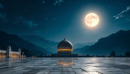 Grand mosque under moonlight picture. Eid mubarak background. Ramadhan background. mubarak background