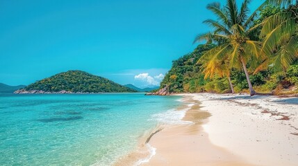 Fototapeta premium Tropical beach paradise, calm turquoise water, white sand, lush green hills