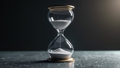 Glass hourglass with white sand symbolizing the flow of time on dark background