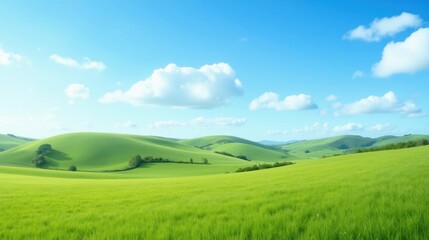 Obraz premium Lush Green Hills Under Bright Blue Sky with Fluffy White Clouds