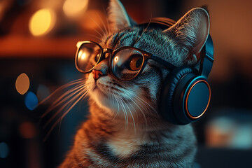 A stylish cat wearing trendy headphones and glasses, exuding a cool and modern vibe