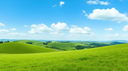 Fototapeta premium Expansive Green Hills Under Bright Blue Sky with Fluffy White Clouds