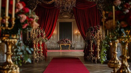 Fototapeta premium Opulent Red Velvet Ceremony Hall with Gold Candelabras and Floral Arrangements