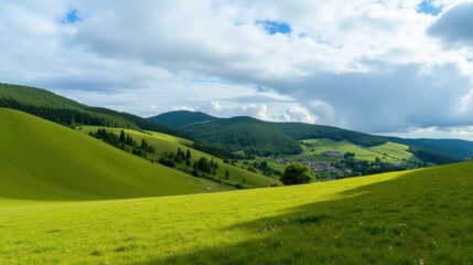 Fototapeta premium Lush Green Hills and Scenic Valley under Bright Blue Sky