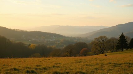 Obraz premium Serene Morning Landscape View Over Rolling Hills and Green Fields
