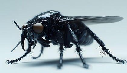 Fototapeta premium Dramatic close up of a black fly with large mandibles