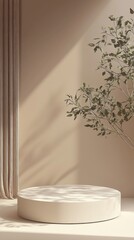 A beautifully crafted beige podium is set against a warm brown backdrop, surrounded by subtle greenery. Soft light filters in, creating a tranquil atmosphere perfect for showcasing products