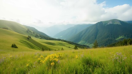 Obraz premium Lush Green Valley with Wildflowers and Majestic Mountain Scenery