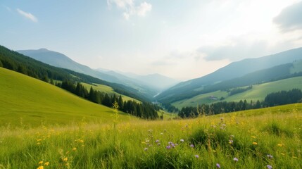 Fototapeta premium Serene Landscape with Rolling Hills and Lush Green Meadows