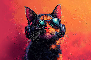 A stylish cat wearing trendy headphones and glasses, exuding a cool and modern vibe