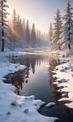 Snow-covered forest landscape with frozen lake and snow-covered trees at sunrise, snowy scenery, nature's beauty, cold weather