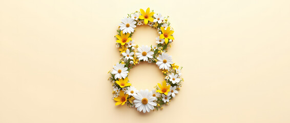 Obraz premium Postcard for March 8: spring flowers and number eight on a beige background