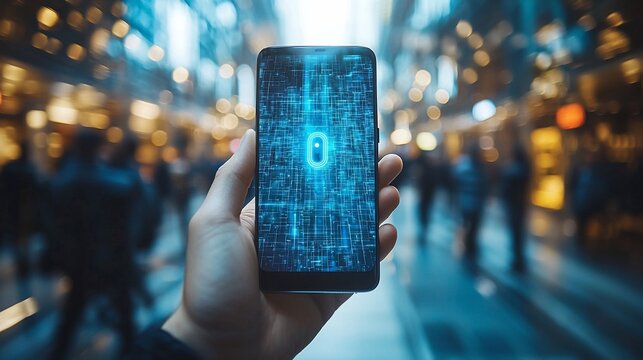 City night, hand holding phone, digital security, blurred background, stock photo