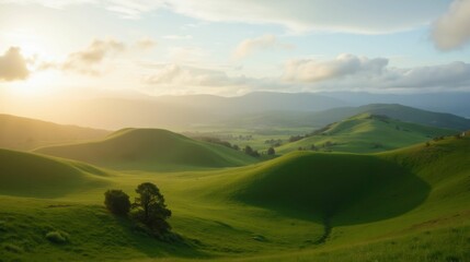 Fototapeta premium Tranquil Rolling Green Hills under a Soft Golden Sunrise