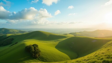 Naklejka premium Lush Green Rolling Hills Under Bright Blue Sky with Soft Clouds