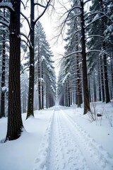 Snowy forest with bare trees brown winter background, evergreen, snowy landscape